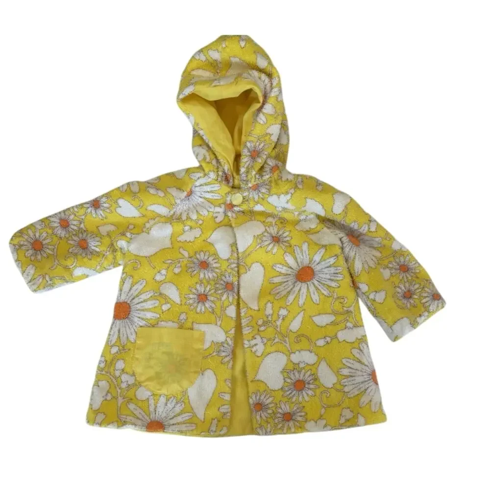 Vintage Toddler Terry Cloth Robe Handmade Yellow Daisy Swim Cover Up Size 2/3